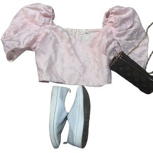 PINK Owl Floral Stamped Arm Puff Cropped Bubblegum Top